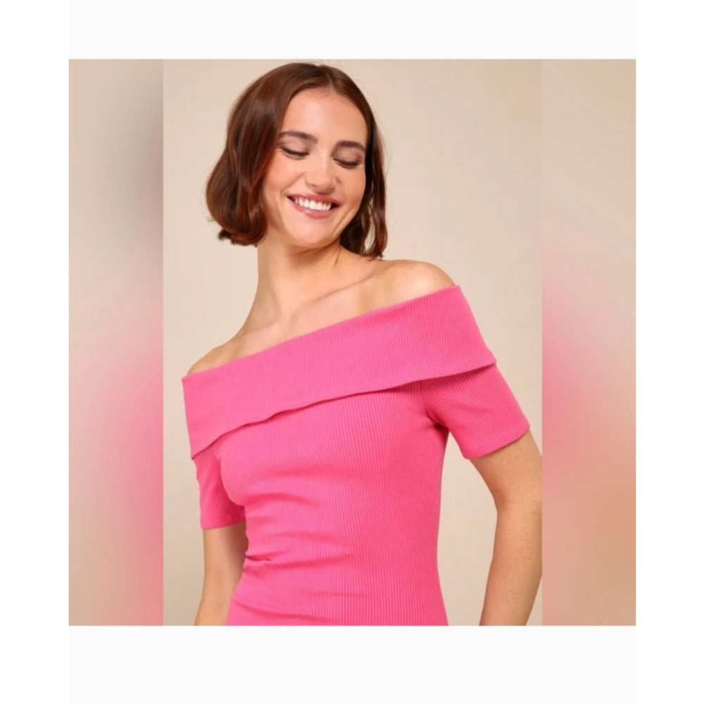 Lulus Pink Off-the-Shoulder sz XL ribbed diva princess wedding Midi Dress - Picture 2 of 9